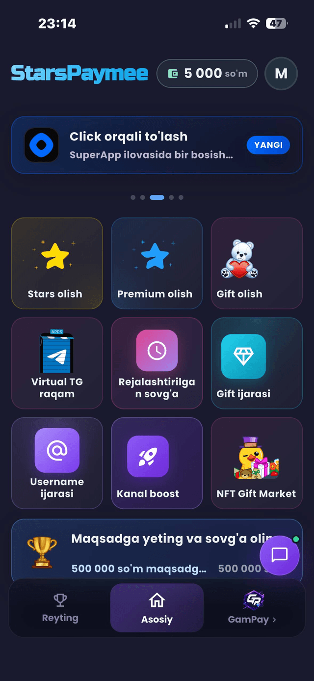 StarsPaymee ilovasining bosh ekrani: Stars, Premium, Gift va boshqa xizmatlar